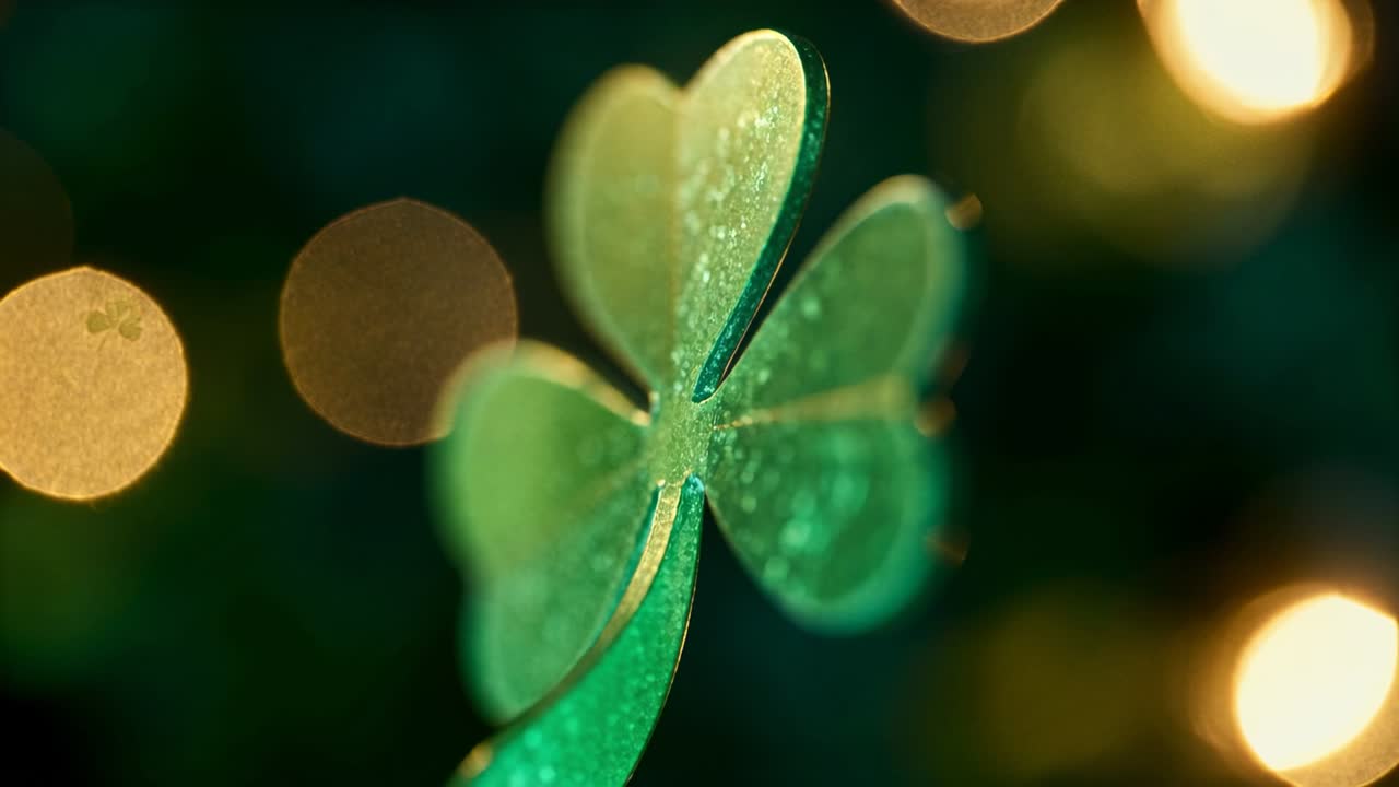 Grünes Kleeblatt-Ornament dreht und neigt sich durch Kameraverschiebung, enthüllt eine Glitzertextur im warmen Licht.