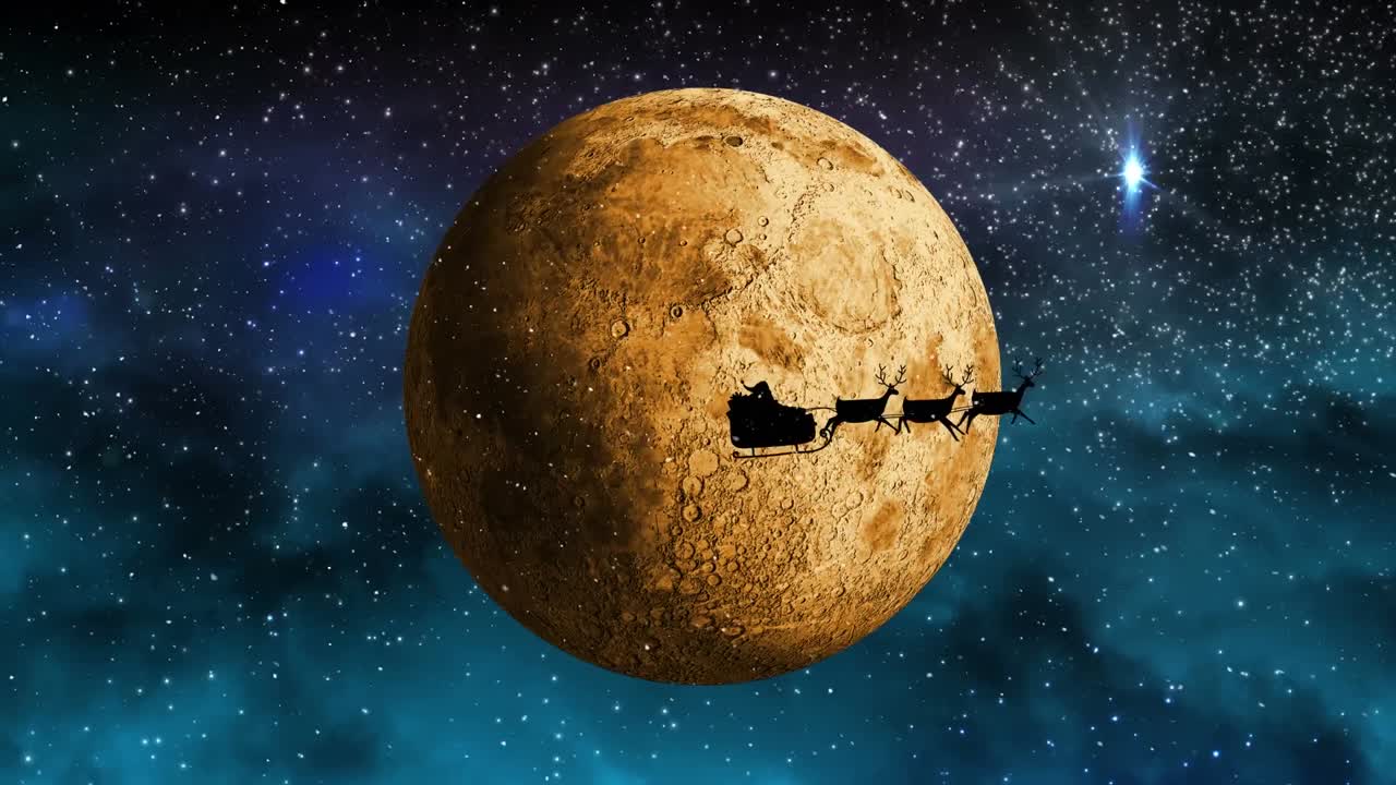 산타클로스 위에 내리는 눈은 달과 떨어지는 별에 대항하여 사 ⁇ 에 의해 끌려 가고 있습니다.