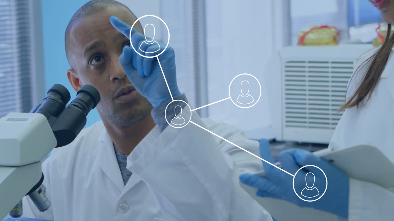 Scientist using microscope with network connections animation over laboratory scene