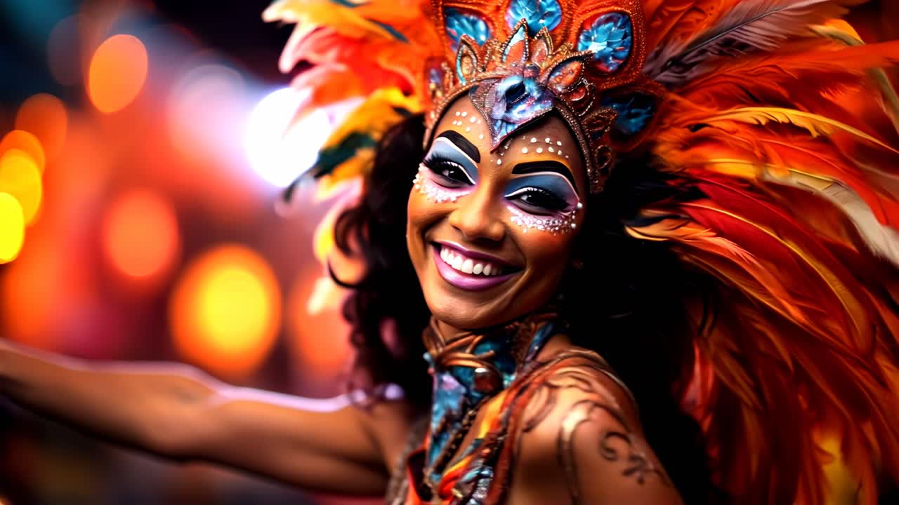 Vivace ballerina di carnevale con un copricapo di piume colorate, che sorride alla telecamera.