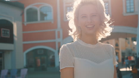 smiling woman in a city