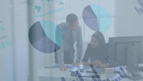animation of financial data processing over two diverse business people