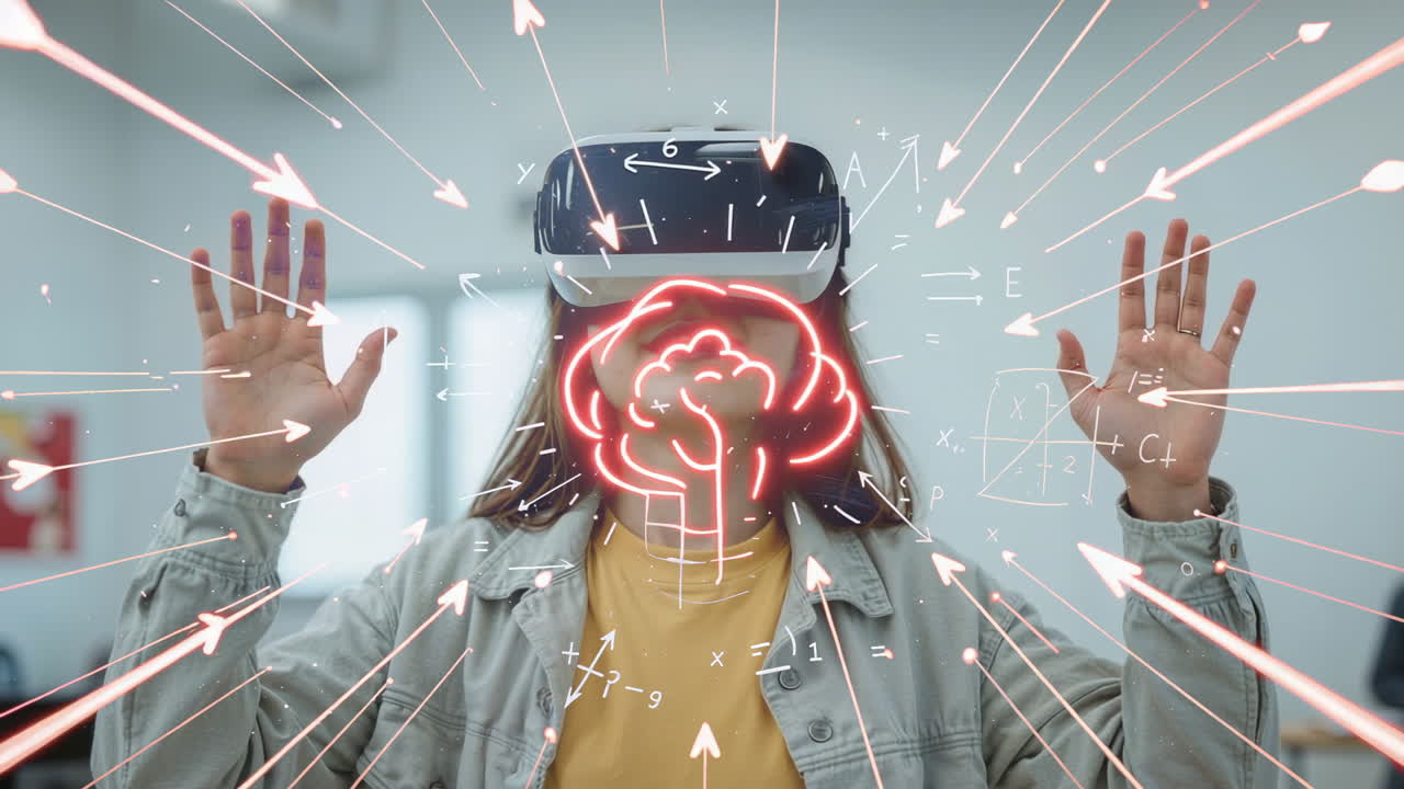 Woman Immersed in Virtual Reality with Digital Brain and Data Overlays