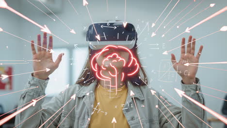 woman immersed in virtual reality with digital brain and data overlays