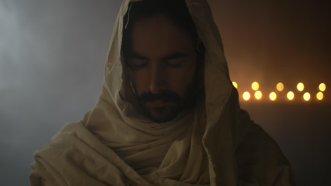 Closeup of Jesus Christ with Closed Eyes Praying in Ambient Light for Christianity stock footage