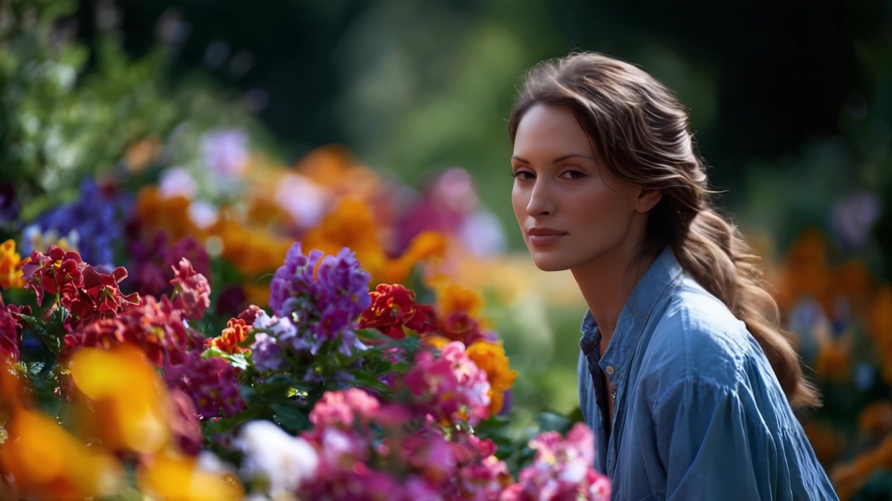 Une rencontre sereine avec la nature : capturer la beauté tranquille d'une jeune femme dans un jardin fleuri vibrant, embrassant les couleurs et le parfum de la vie.