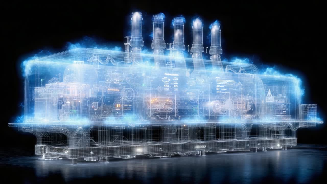 A Futuristic Engine Model Emitting Ethereal Blue Energy Patterns in a Digital Realm, Showcasing Advanced Technology and Engineering Mastery with High Detail