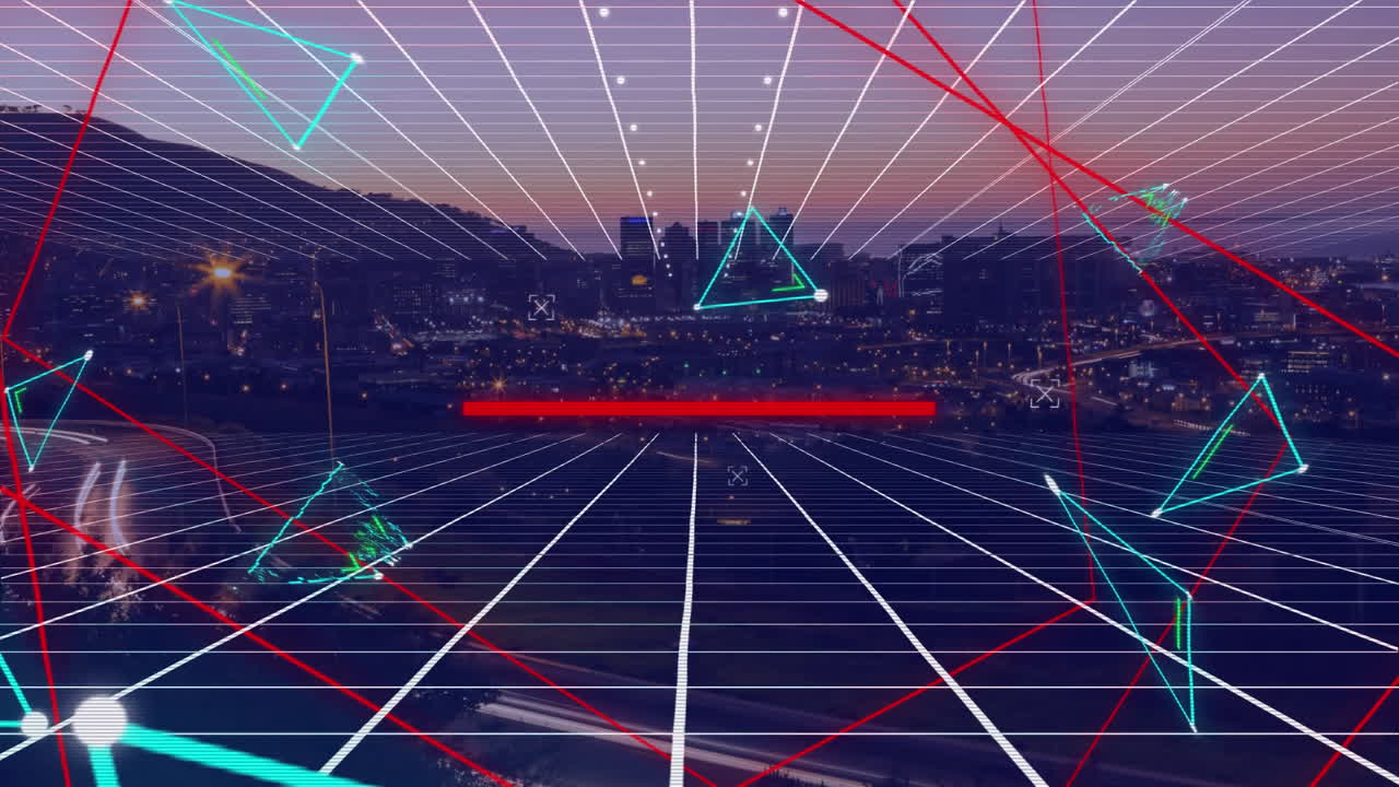 도시 풍경에 있는 파란색 삼각형과 빨간색 선