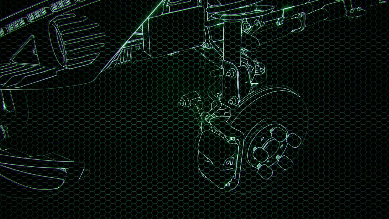 Holographic animation of 3D wireframe car model with engine