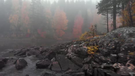 Orilla-Rocosa-Del-Río-Vindel-En-Un-Bosque-Alpino-Neblinoso-A-Mediados-De-Otoño,-En-Mårdseleforsen,-Suecia---Tiro-Aéreo-De-Seguimiento-De-ángulo-Bajo