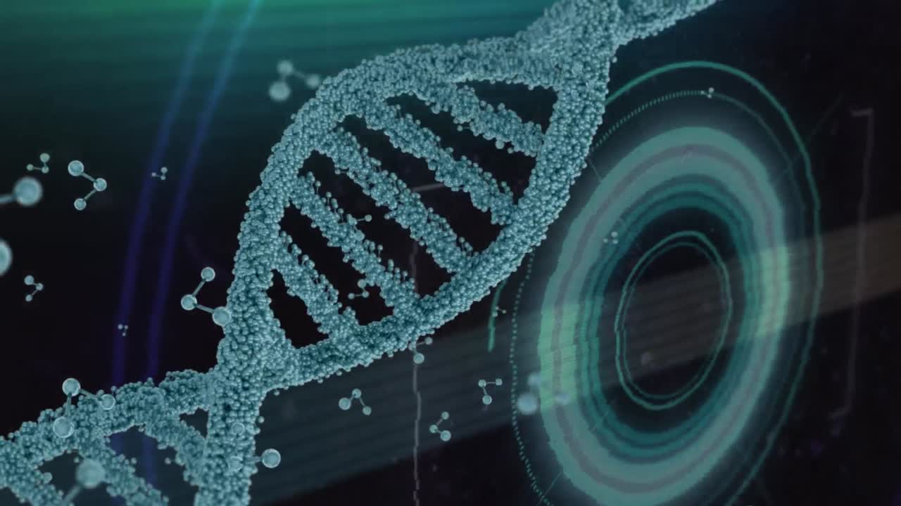Dna structure and chemical structures against light trails and neon scanners on green background
