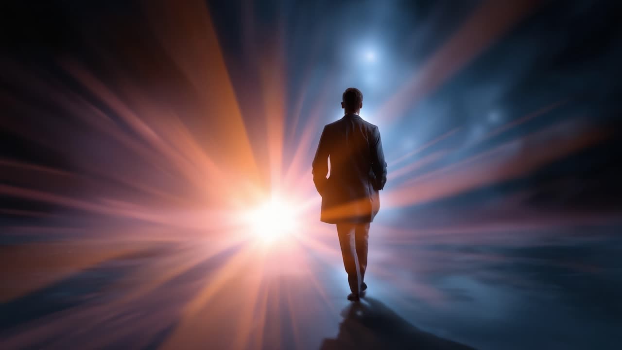 Una figura solitaria que atraviesa un paisaje surrealista, iluminado por vibrantes rayos de luz, que simboliza la esperanza, la exploración y el viaje hacia lo desconocido que le espera
