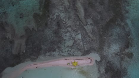 Cayo-sardina-sandbar-and-coral-reefs-with-a-small-boat-nearby-during-the-day,-aerial-view