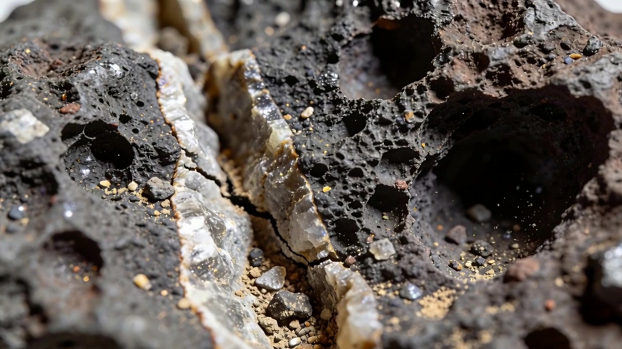 Messa a fuoco che cambia e micro rifocalizzazione che solleva i granelli, roccia vescicolare che espone una vena bianca sul tavolo.