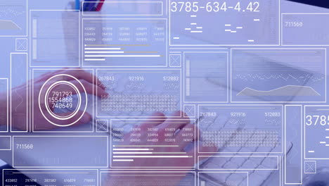 animation of diagrams and data processing over caucasian man using computer