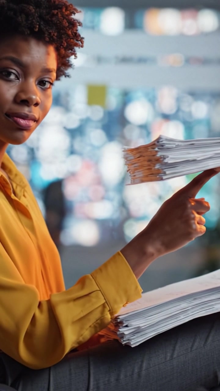 Focused Professional Evaluating Stacked Papers in Modern Office Setting with Vibrant Background and Engaging Light Reflection during Productive Work Session