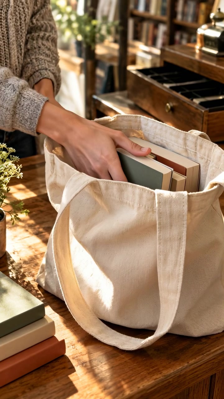 Mani sistemano libri con copertina rigida in verticale all'interno di una borsa di tela naturale su un tavolo di legno, con la calda luce del sole, libri impilati nelle vicinanze, scaffalature e dettagli interni sfocati.