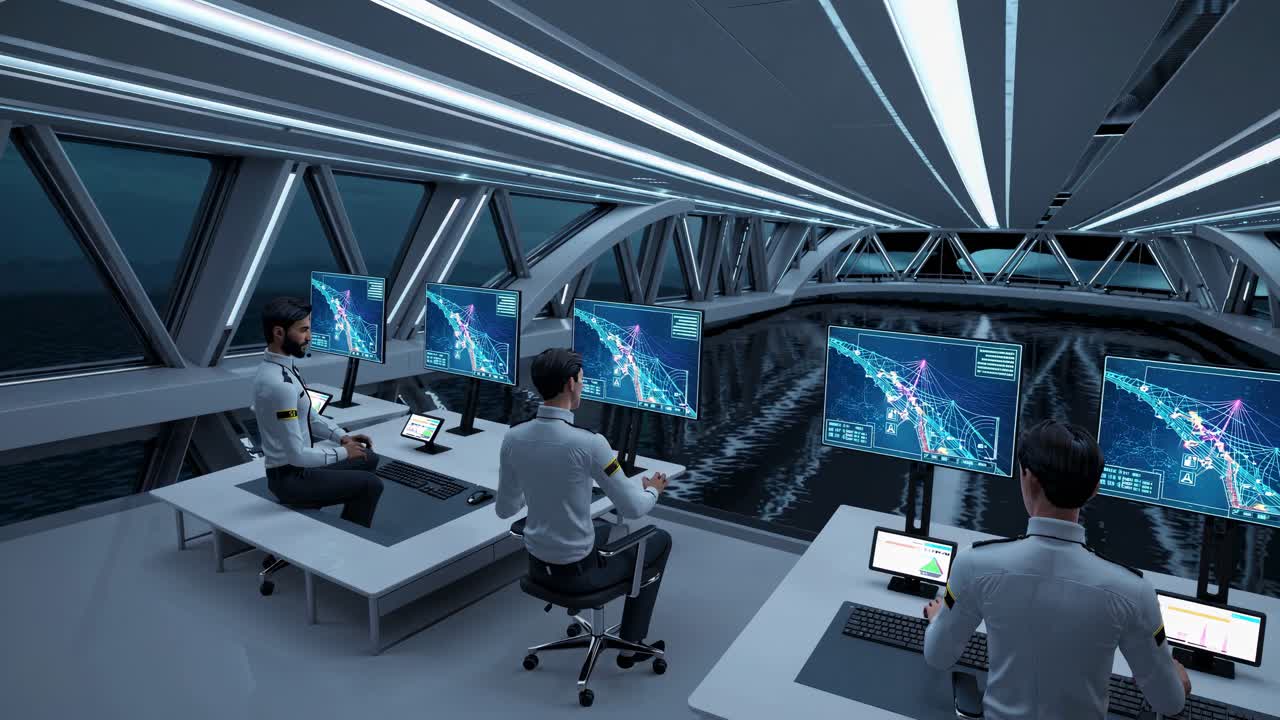 Futuristisk kommandobro kontrolrum om natten