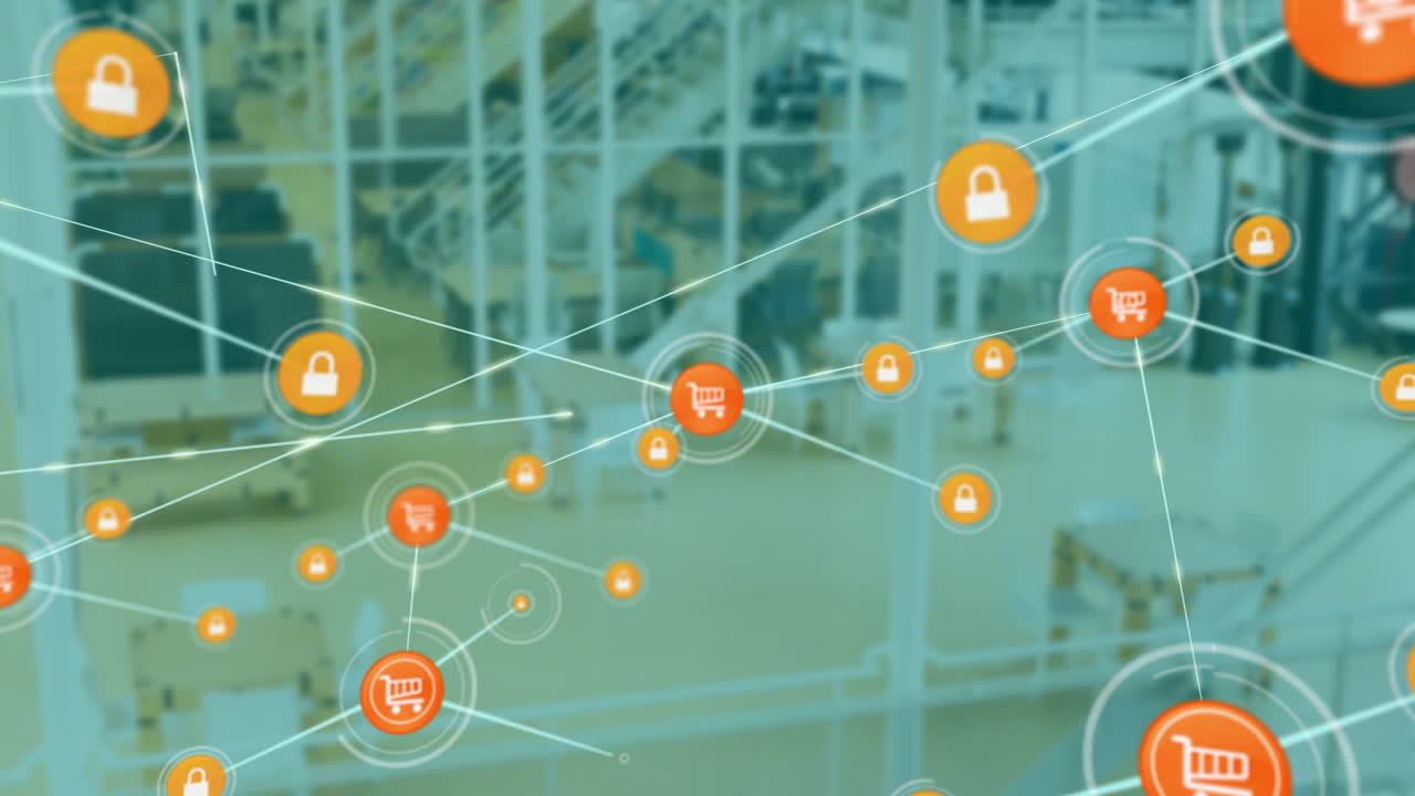 Connected by lines, animation of shopping cart and lock icons over warehouse