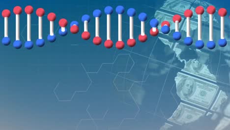 Sechseckige-Formen-Und-DNA-Struktur-Vor-Dem-Globus-Amerikanischer-Dollarnoten-Auf-Blauem-Hintergrund