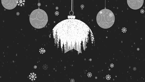 Animation-of-dangling-christmas-bauble-and-decorations-with-snow-falling
