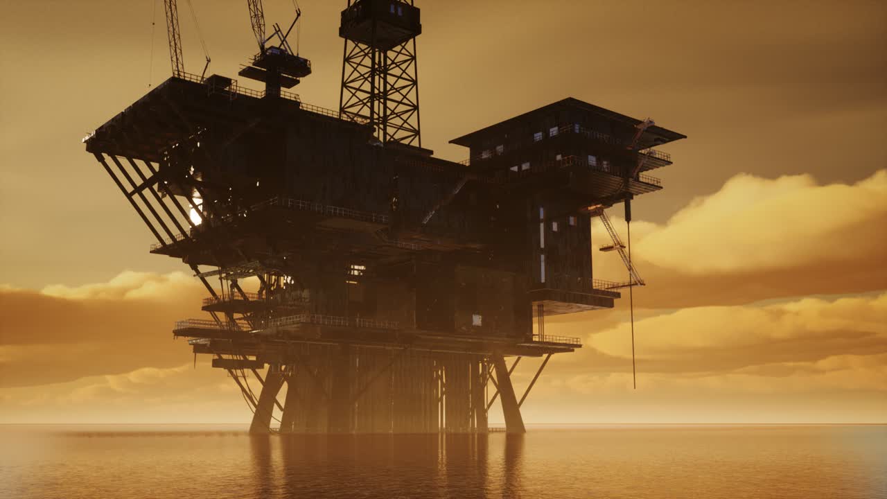 Offshore Jack Up Rig in The Middle of The Sea at Sunset Time