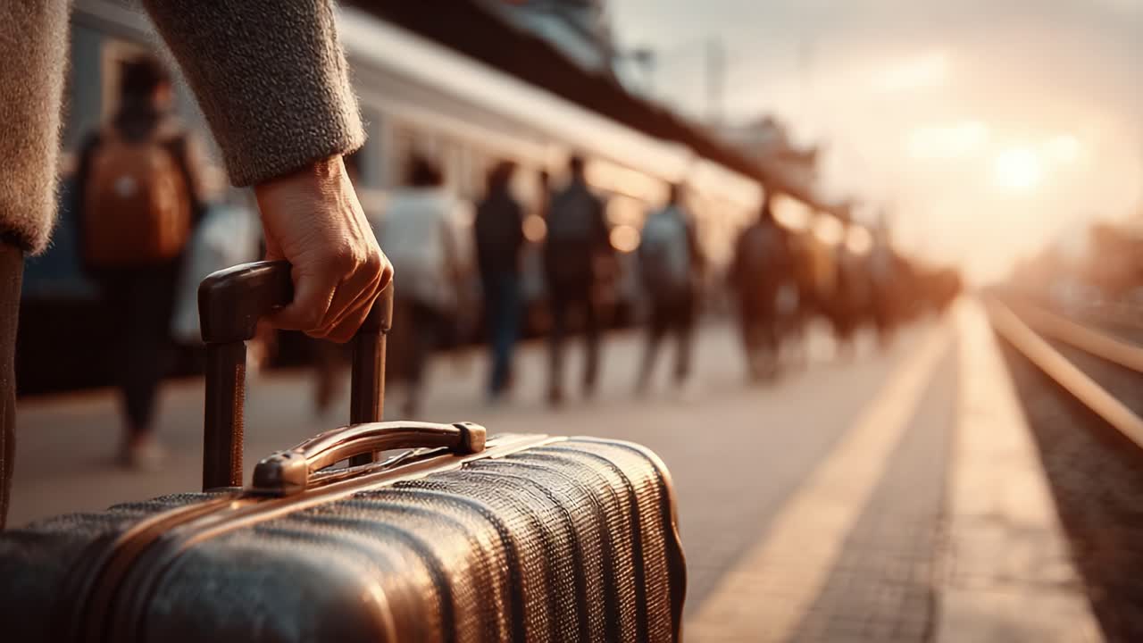 A Travler's Journey: Capturing the Moment of Departure at the Train Station with a Suitcase and the Warm Glow of Sunset