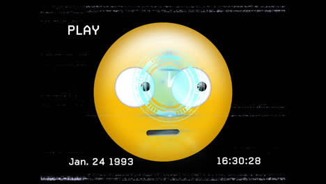 animación digital del efecto vhs y el tictac del reloj sobre un emoji de cara confundido contra un fondo negro