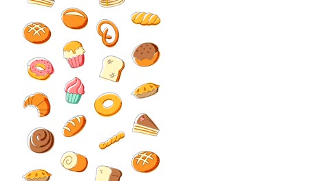 patrón de panadería en movimiento fondo dibujos animados ilustración de dibujo a mano aislada en fondo blanco animación de bucle sin costuras 4k, con espacio de copia central