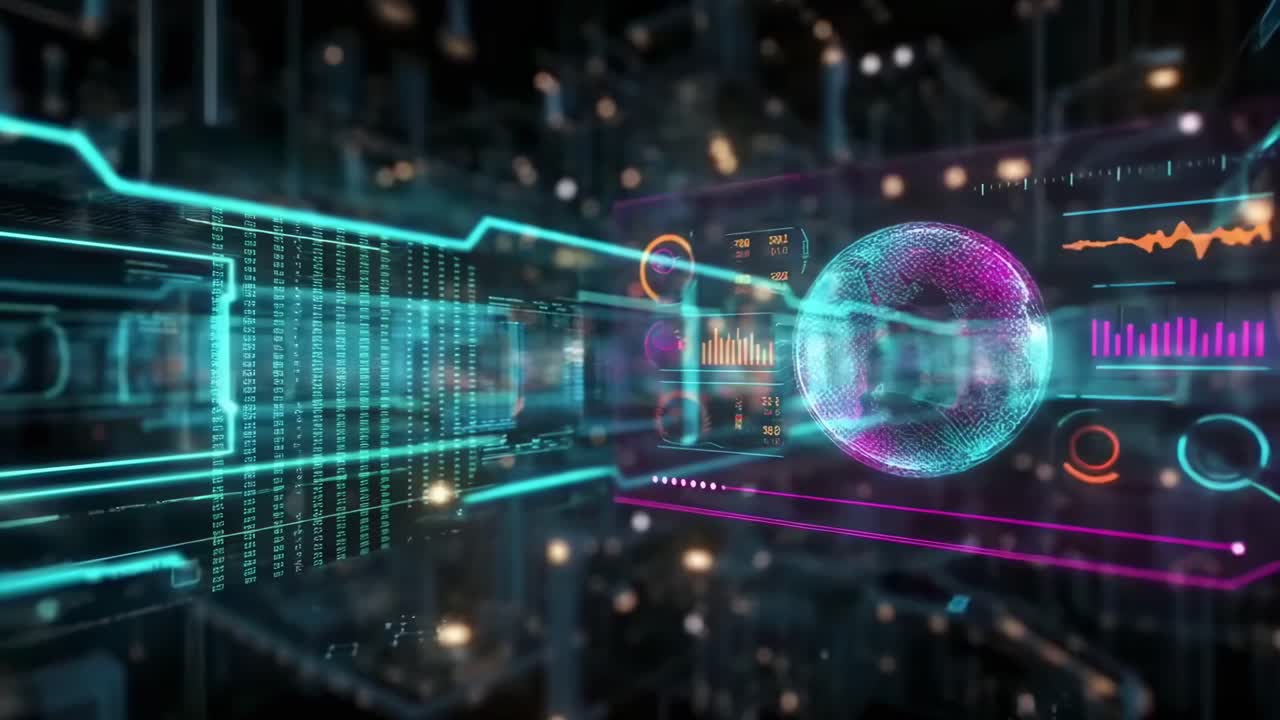 Futuristic video concept with a digital globe, angled perspective, neon colors, tech vibe