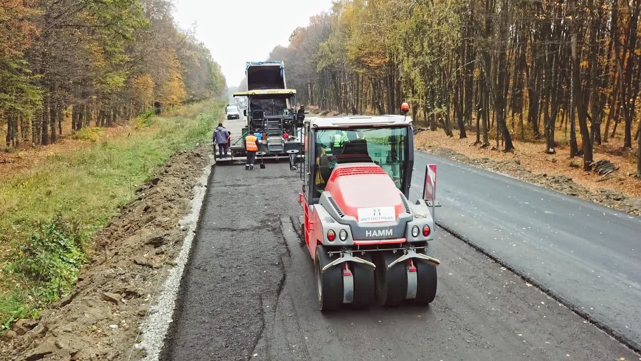 Road roller at a construction site. Close view on the road machine working on the new road construction site
