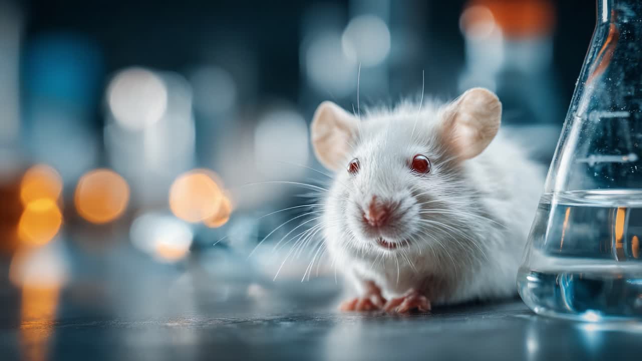 Close-up of a laboratory mouse against a blurred background of scientific equipment, showcasing its curious expression and environment in a research setting