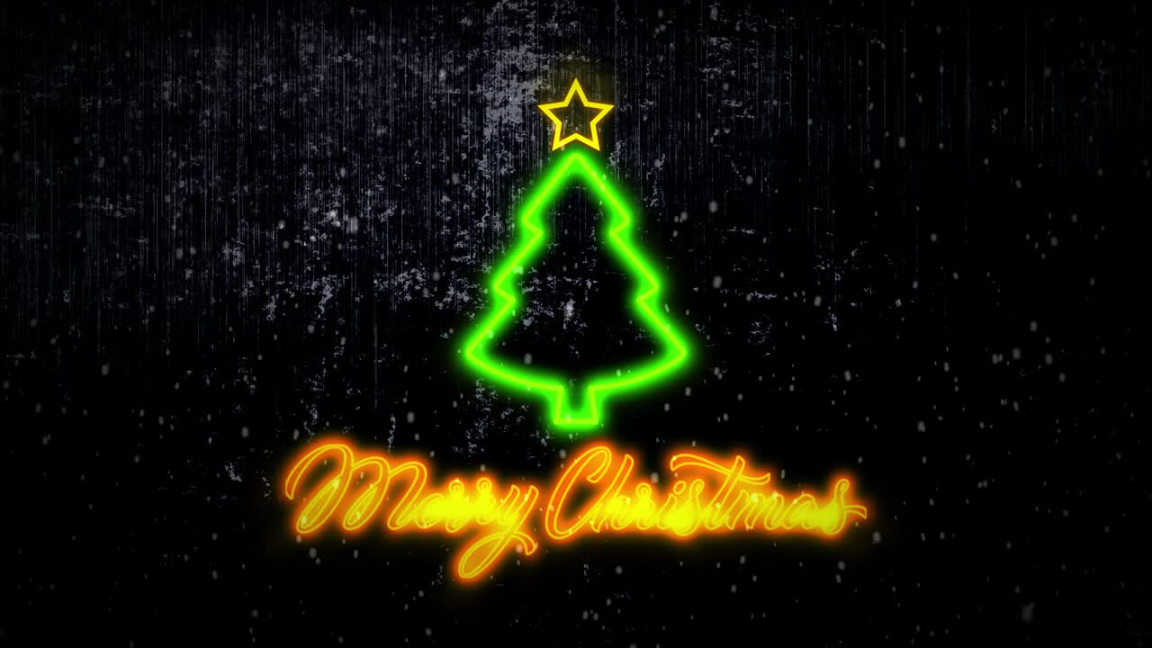 4k 애니메이션 크리스마스 배경: 반이는 네온 나무와 메리 크리스마스 글자