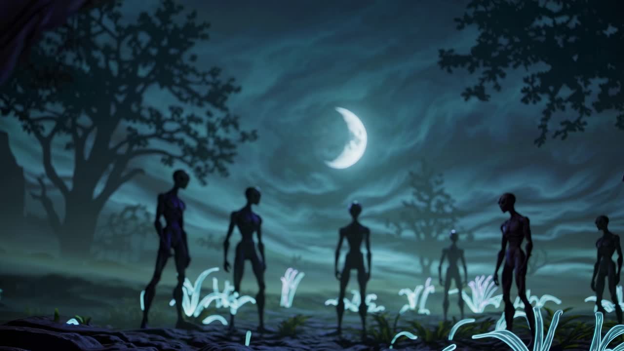 Eerie animated scene with silhouetted figures under a crescent moon