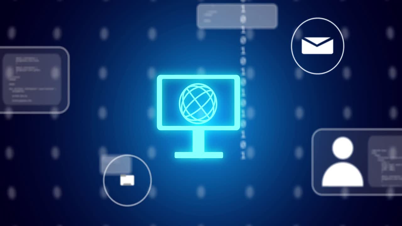 Animation of network of connections with icons and data processing over blue background