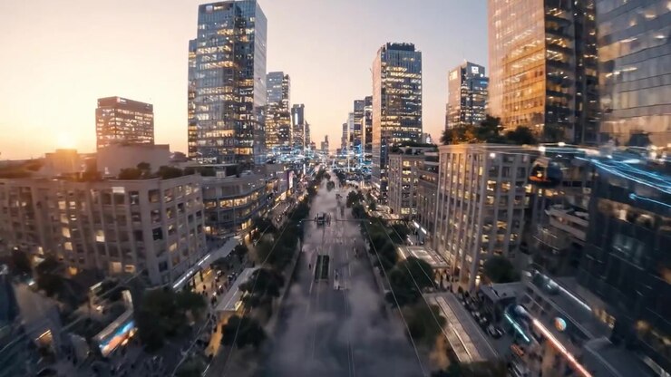 Una Scena Urbana Dinamica che Cattura Persone Impegnate in Attività Tra Grattacieli ed Effetti Atmosferici in una Città Vibrante al Crepuscolo.