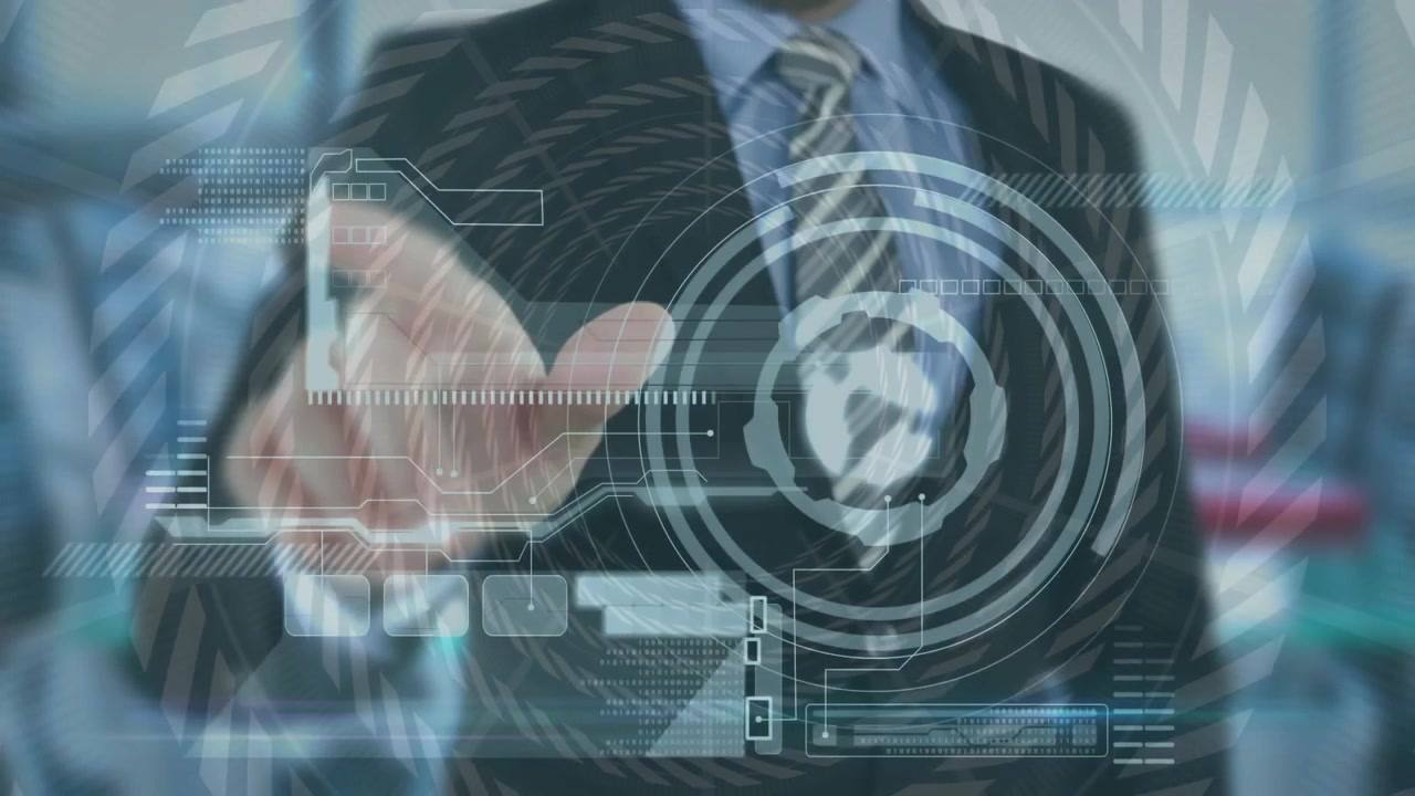 Un uomo d'affari che interagisce con un'interfaccia digitale futuristica