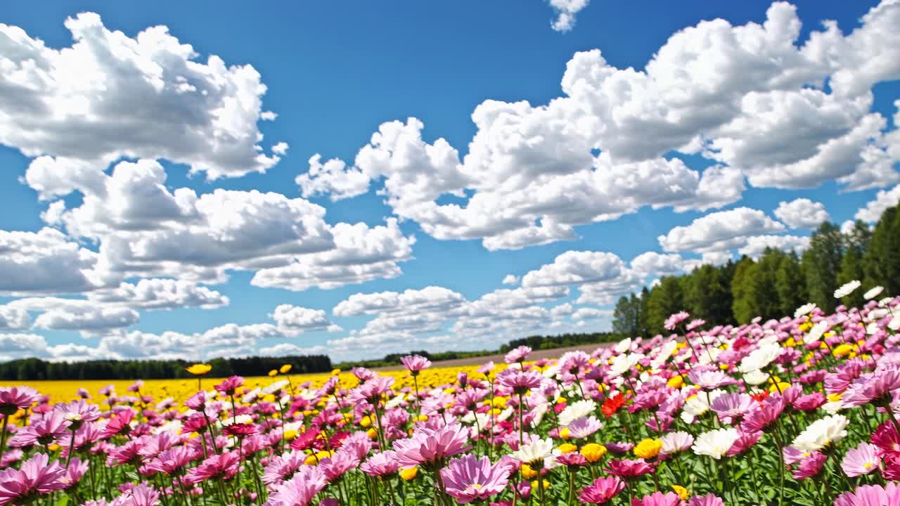 Vibrant video of a flower field under a bright blue sky with fluffy clouds