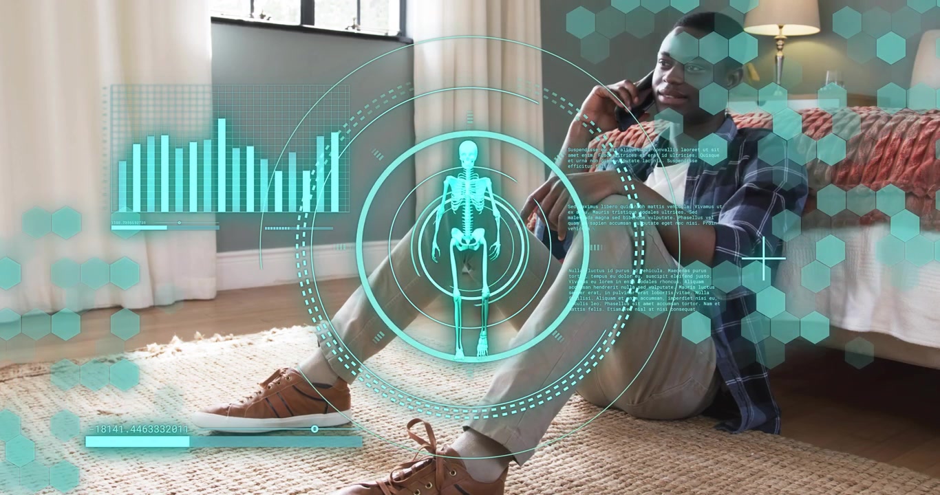 Man leaning against bed placing smartphone to ear and initiating holographic health scan over legs