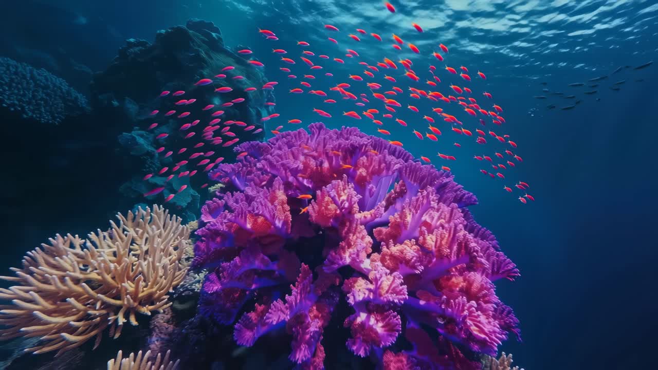 Vivace video subacqueo che mostra una barriera corallina con pesci colorati.