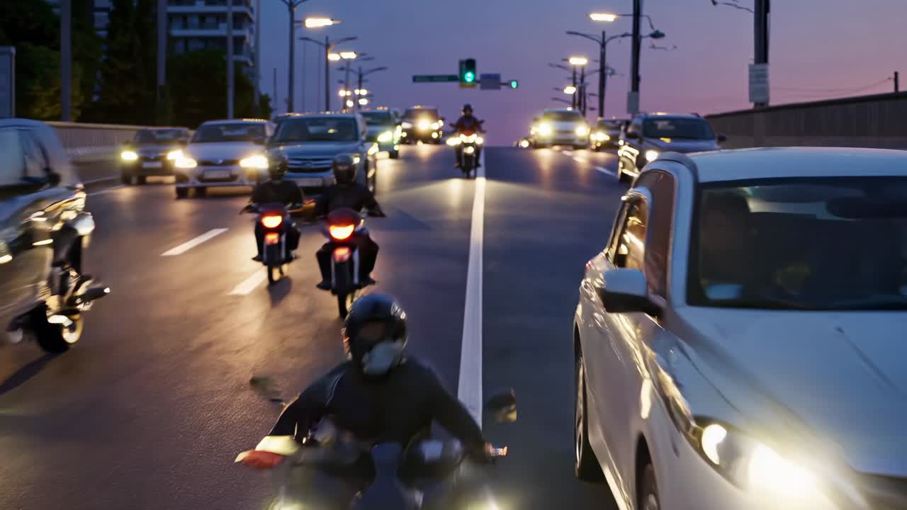 Motorcyclist navigating a busy highway at dusk, surrounded by cars and illuminated by traffic lights and street lights, creating a dynamic scene with motion blur and vibrant colors