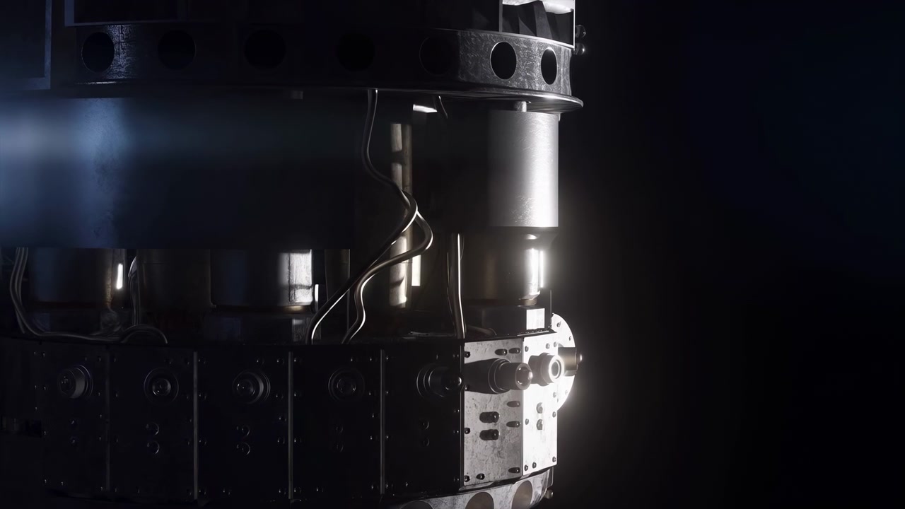 Una vista ravvicinata si muove su componenti meccanici densi, mostrando cilindri lucidati, cablaggi curvi e pannelli scuri rivettati mentre una forte luce laterale crea nitidi riflessi metallici
