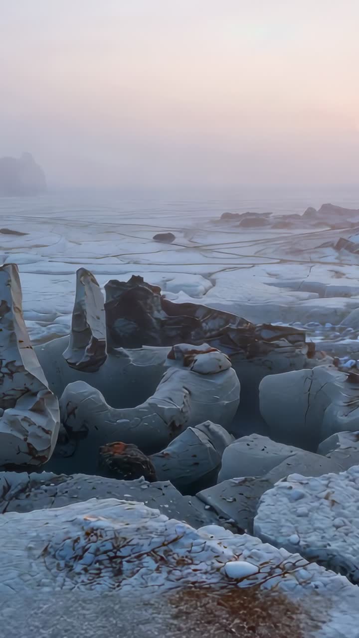 Vertical video: Descending camera amid frosty floes on coast at dawn, revealing rusty-brown seaweed