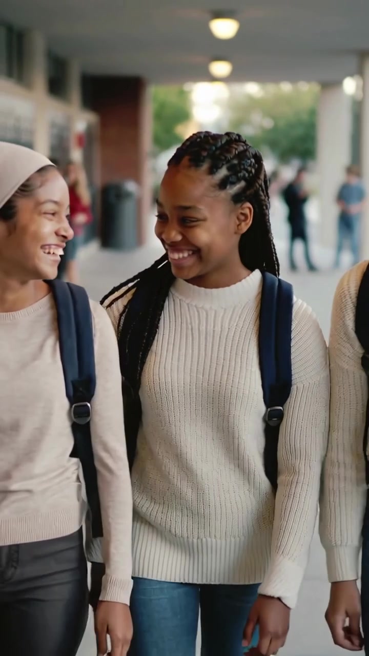 Video verticale: Tre persone che camminano, lasciano il sentiero del campus per andare a lezione, un adolescente che parla, magliette color crema e zaini blu navy