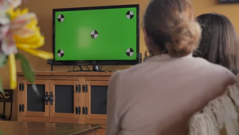 female parent and daughter watching a green screen television together