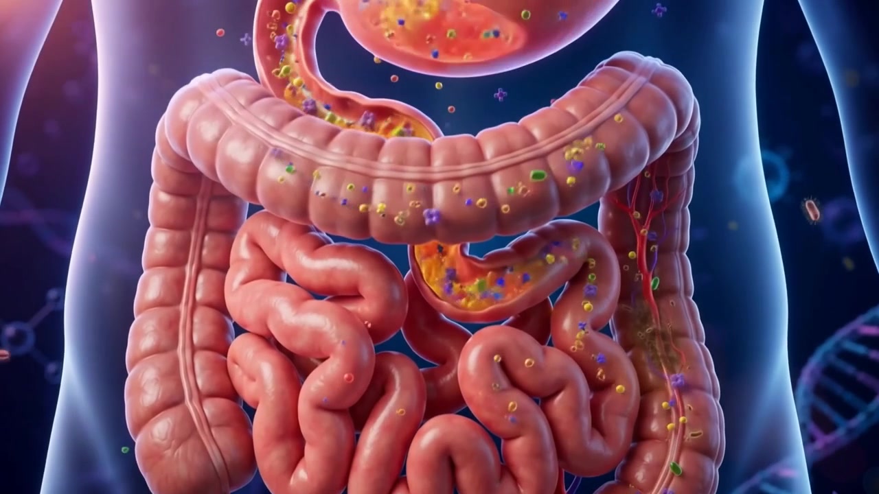 Animated digestive system with stomach and intestines glowing in a stylised body view