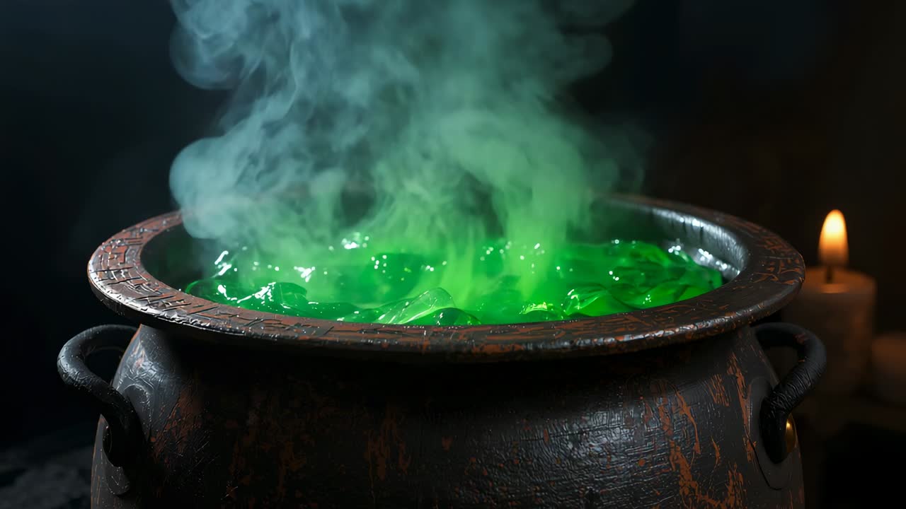 Heating cast-iron cauldron with lit candle in dark chamber, bubbling neon potion with rising vapor