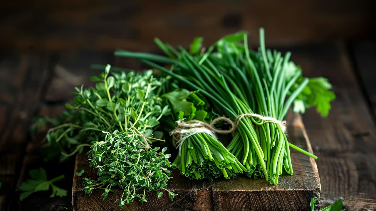 Fresh herbs on a wooden cutting board. Various fresh herbs are neatly arranged on a cutting board, showcasing their vibrant green colors and natural textures