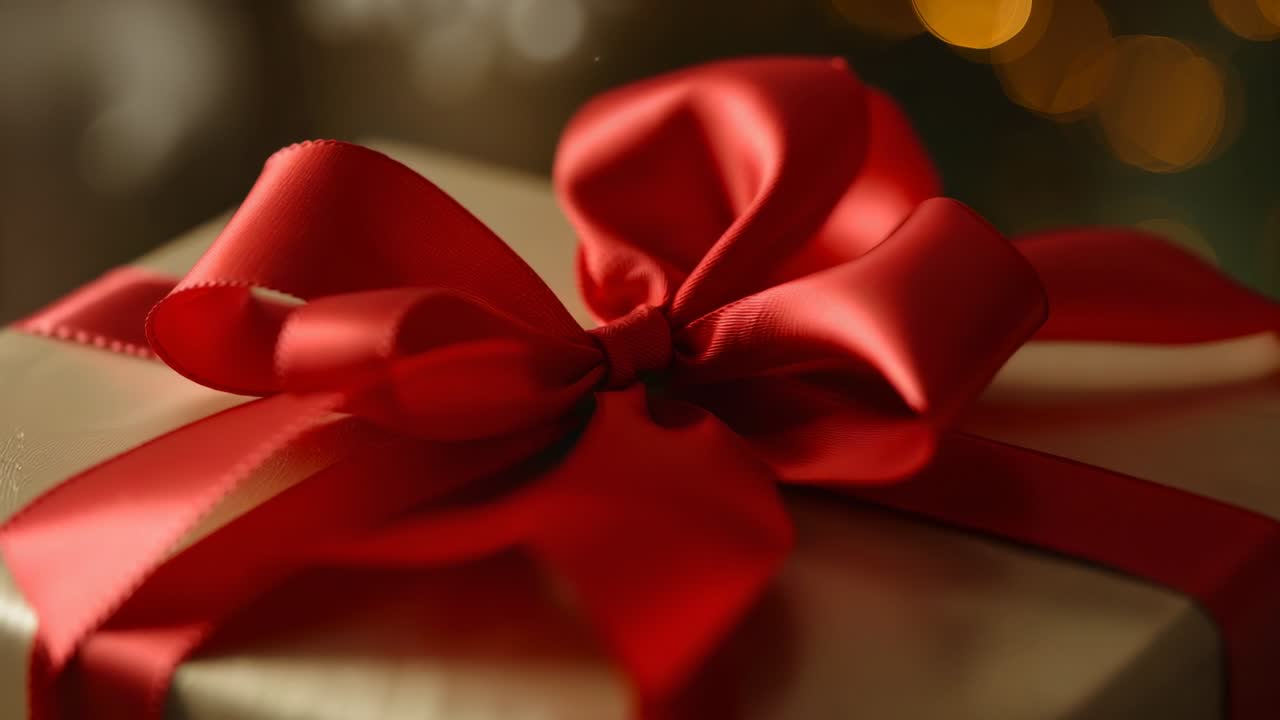 Shifting camera focusing, panning red satin ribbon bow on gift at home, with golden bokeh lights