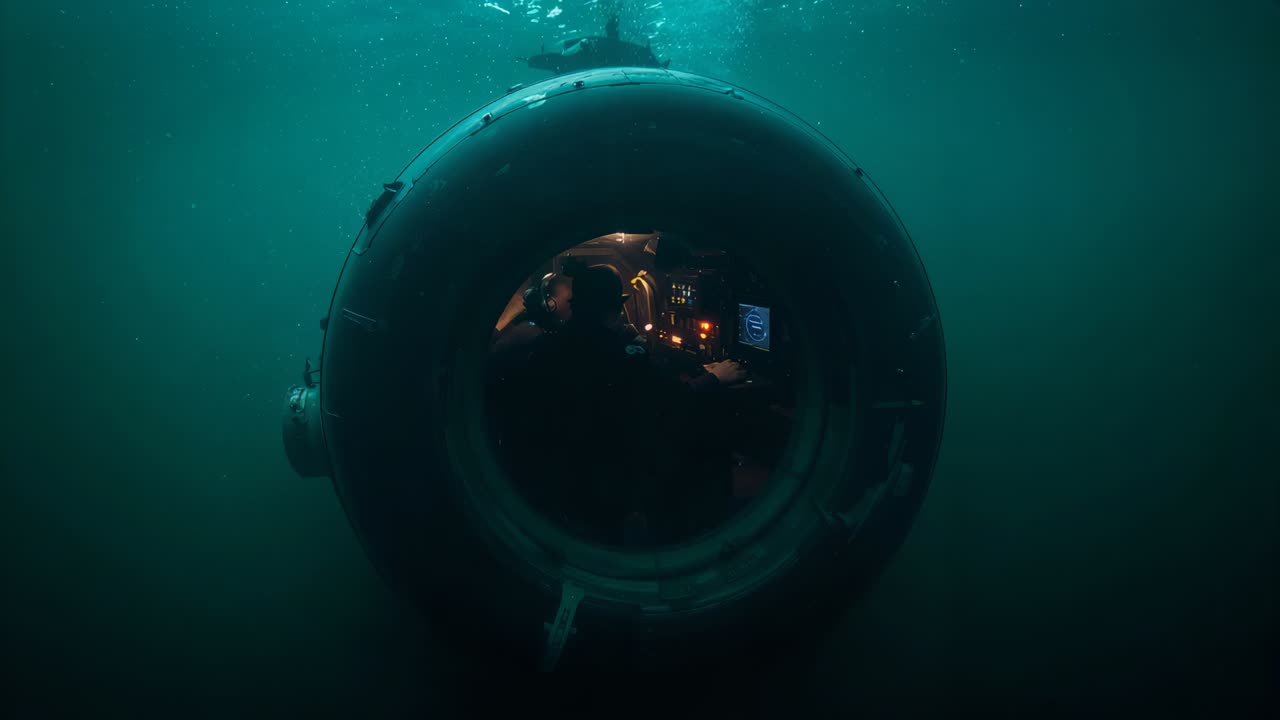 Closing camera on sub via port deep, bubbles rising, crew in suits monitoring controls